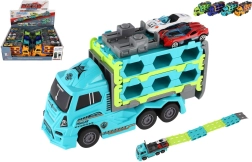 Пластмасов камион превозвач на коли със задвижване по инерция 22 см + 2 спортни колички