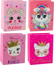 Розова хартиена подаръчна торбичка с котенца и брокат 23 x 18 x 10,5 см