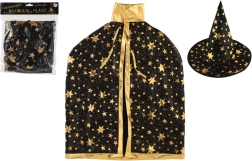 Детска вещерска шапка и наметало в черно‑злато, диаметър 38 cm