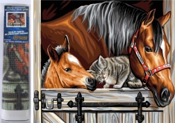 Diamond Painting – Horses with Cat 30 × 40 cm