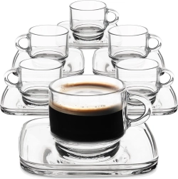 Стъклени чаши за еспресо с квадратни чинийки 75 мл, комплект 6 бр.