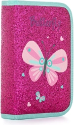 Single-compartment school pencil case with sequin effect, butterfly motif, 2 flaps