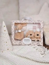 Подаръчен комплект Doudou бежово плюшено зайче и бебешки ботушки