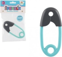 Детска дрънкалка безопасна игла в сиво-тюркоазено