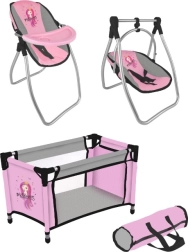Комплект за кукли Princess Pink/Grey – пътно легълце и 2 в 1 столче с люлка