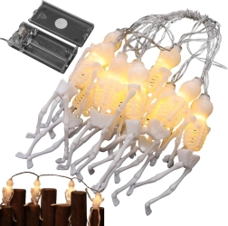 LED хелоуински светещ гирлянд със скелети 2 м, 10 висящи фигури, топло бяло