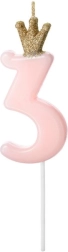 Розова тортична свещ с коронка във форма на цифра 3