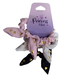 PINK комплект ластици за коса scrunchie с панделка и златни сърчица - 3 бр.