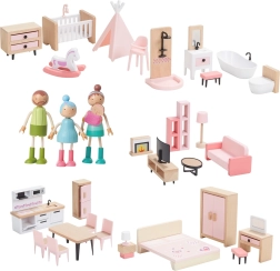 Дървен комплект мебели за къща за кукли с семейство 5 в 1