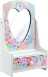 Дървена кутия за бижута със сърцевидно огледало Еднорог