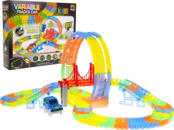 Флуоресцентна състезателна писта за деца 3+ с гъвкави елементи, 157 части, количка с LED и 360° примка