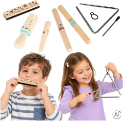 Wooden musical instruments for children – set (triangle, rhythm sticks, blow harmonica, guiro)