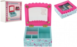 Дървена кутия за бижута с цветя и огледало, тюркоазено‑розова