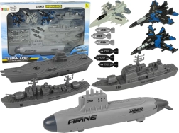 Морски военен комплект с подводница, военни кораби и изтребители