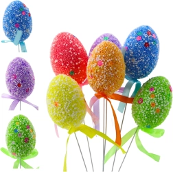 Colorful Easter Eggs on Wire with White Patterns and Ribbon 6 pcs