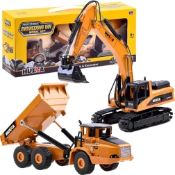 Metal construction vehicle set: tracked excavator and dump truck 2-in-1