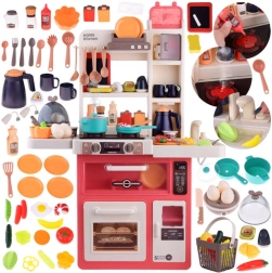 Kids’ play kitchen with steam, lights and sounds, fridge and accessories, 63 pieces