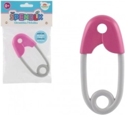 Пластмасова дрънкалка във форма на безопасна игла за бебета 12 см розово-сиво