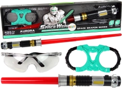 Космически комплект: светлинен меч с тюркоазено сияние и защитни очила със звук