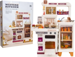 Детска мега кухня със светлини, звуци и пара – бежова, 93 бр. аксесоари