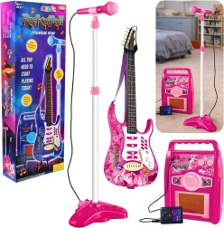 Pink electric children's guitar with microphone and amplifier