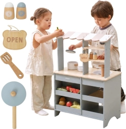 VIGA PolarB Wooden Kitchen and Shop 2-in-1 with Accessories