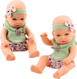 Baby Doll in Green Outfit with Floral Pattern and Headband with Bow