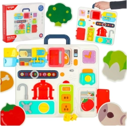 Монтеcори манипулативна табла с кухненски елементи и учебен часовник
