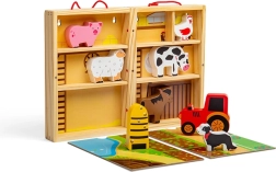 Bigjigs Toys преносима дървена ферма в кутия с животни и трактор