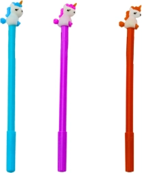 Химикалка с еднорог, черно мастило, 0,5 мм – микс лилаво/оранжево/синьо