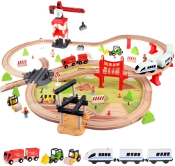 Wooden Train Set with Crane and Construction Set