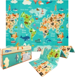 Humbi двустранна сгъваема пяна XPE постелка 200 × 180 × 1 cm карта на света и улици