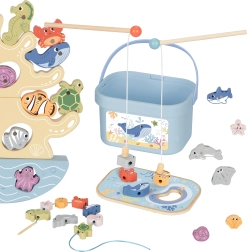 Дървен морски комплект 3-в-1: балансираща кула, магнитен риболов и нанизване – 23 части