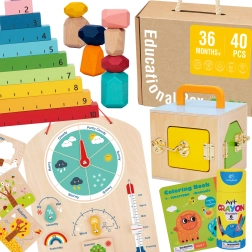 Tooky Toy Монтесори образователна кутия 6в1: кутия със заключване, балансиращи камъни, табло за времето, броене 1–10, книжка за оцветяване и книжка