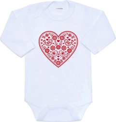 New Baby baby bodysuit with print, folk pattern, red heart, long sleeves