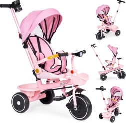 Детска триколка 2-в-1 с въртяща се седалка и сгъваем сенник, розова ECOTOYS