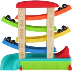 Каскадна състезателна писта за колички с 4 автомобила, дърво и пластмаса, 33 × 32 × 10 см