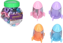Sharpener with shavings container and eraser – spaceship