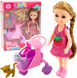 Mini doll with stroller and kittens