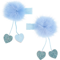 Hair Clips with Pom-poms and Hearts Blue