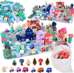 Пастелен дървен комплект Град с пъзел игрална подложка