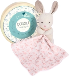 Подаръчен комплект Doudou - Плюшено зайче с розово одеялце от БИО памук