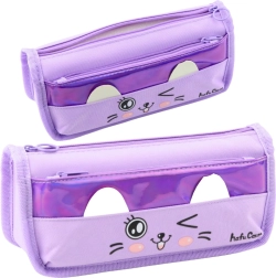 Purple Pencil Case with Cat Motif - Double Compartment