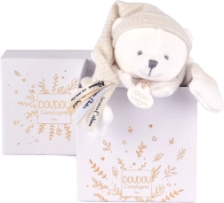 Подаръчен комплект Doudou – плюшена гушкаща играчка мече с шапчица, бежова, 25 см