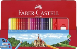 Дървени шестоъгълни цветни моливи FABER-CASTELL 48 бр. в метална кутия с острилка, гума и графитни моливи