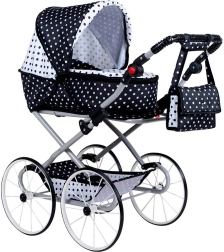 Детска ретро количка за кукли 2в1 NEW BABY Наталка, бяло‑черна
