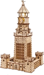 Ugears 3D дървен механичен пъзел Александрийски фар с LED осветление