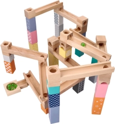 Дървен пастелен лабиринт за топчета, 53 части + 6 стъклени топчета