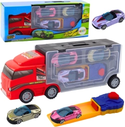 Червен камион с мобилен гараж и изстрелвачка + 3 колички