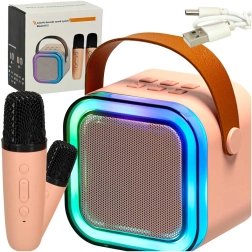 Караоке комплект с Bluetooth високоговорител, 2 безжични микрофона и LED подсветка 6 W – розов